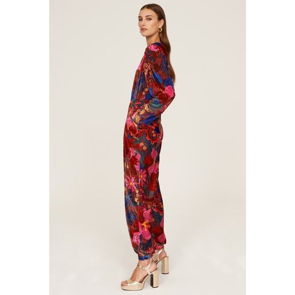 Farm Rio Snake Garden Red Velvet Floral Print V-Neck Long Sleeve Jumpsuit Sz XS - Picture 2 of 16